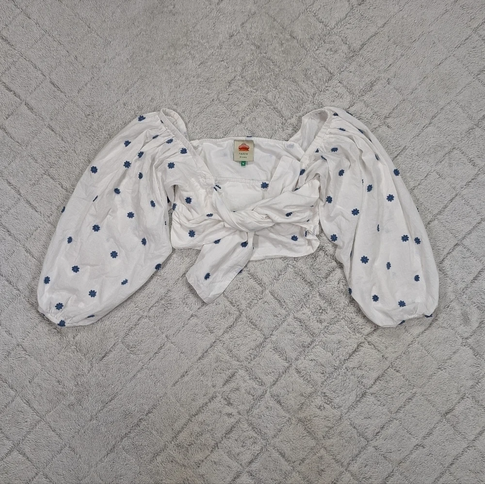 Farm Rio Top Womens S White Blue Flowers Embroidery Crop Puff Sleeve Beach